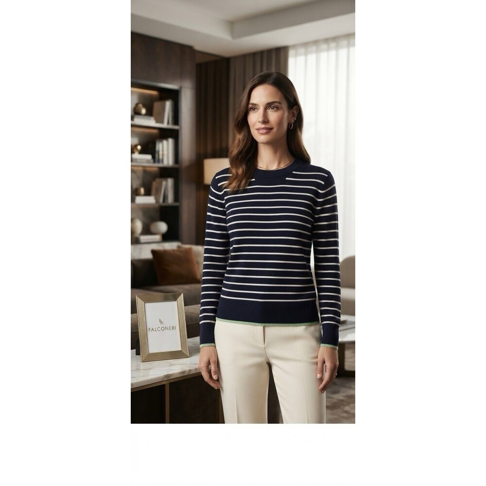 Falconeri 100% Puro Cashmere Sweater Crew Neck size M, Green Stripes On trims